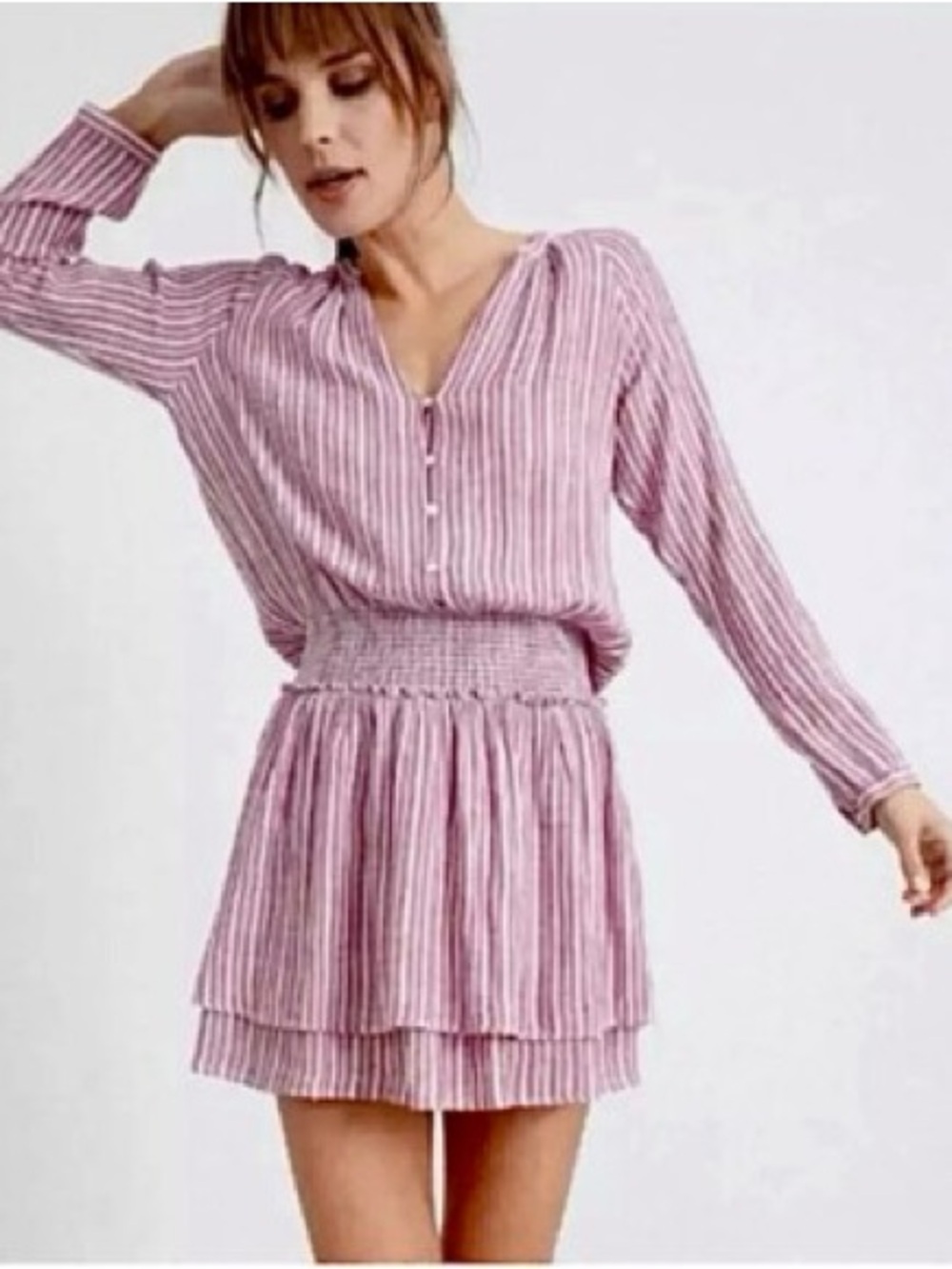 Rails Jasmine Mini Dress Small Red White Stripe Linen Blend Smocked Boho